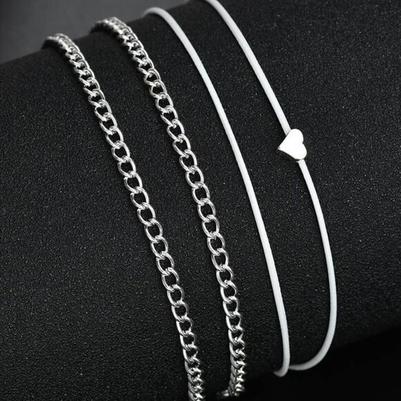 Silver Chain Heart Charm White Rope Multi Wrap Anklet NEW - Picture 3 of 4